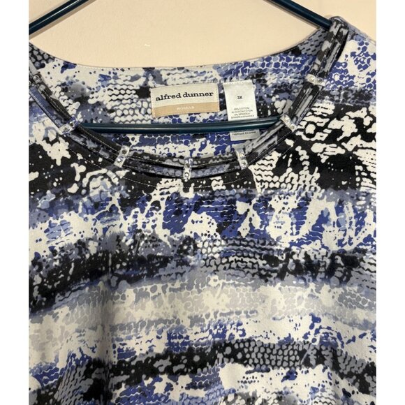 Alfred Dunner Womens 3X Blue Black Abstract 3/4 Sleeve Top With Rhinestone Trim - Picture 7 of 7